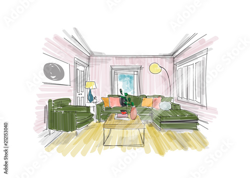 interior design sketch. hand drawn vector illustration of sitting room furniture.