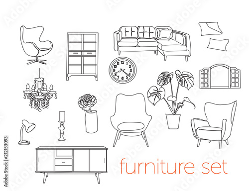 furniture collection. vector interior design elements. outlined furniture drawing. 