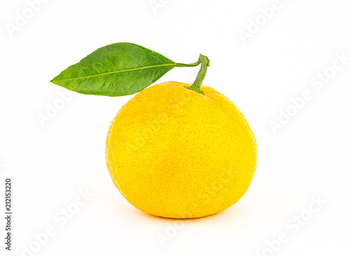 juicy ripe mandarine round fruit green leaf on white background