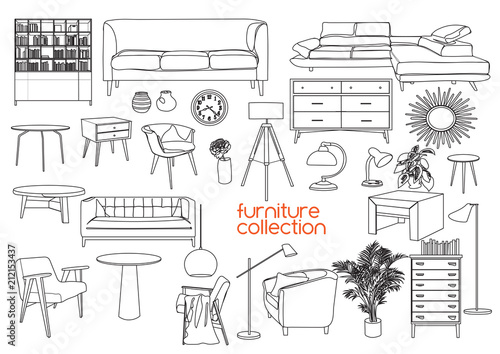 furniture collection. vector interior design elements. outlined furniture drawing. 