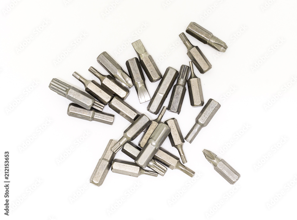 head screwdriver replaceable nozzle metal multi-faceted on white background diverse tool head screwdriver replaceable nozzle metal multi-faceted on white background diverse tool