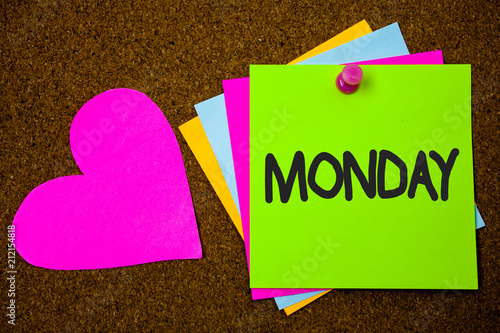 Handwriting Text Writing Monday Concept Meaning First Day Of The Week Back To Work Weekend Is Over Wakeup Early Thumb Pinned Sticky Cards Love Heart Messages Card Remember Sign Board Stock Photo
