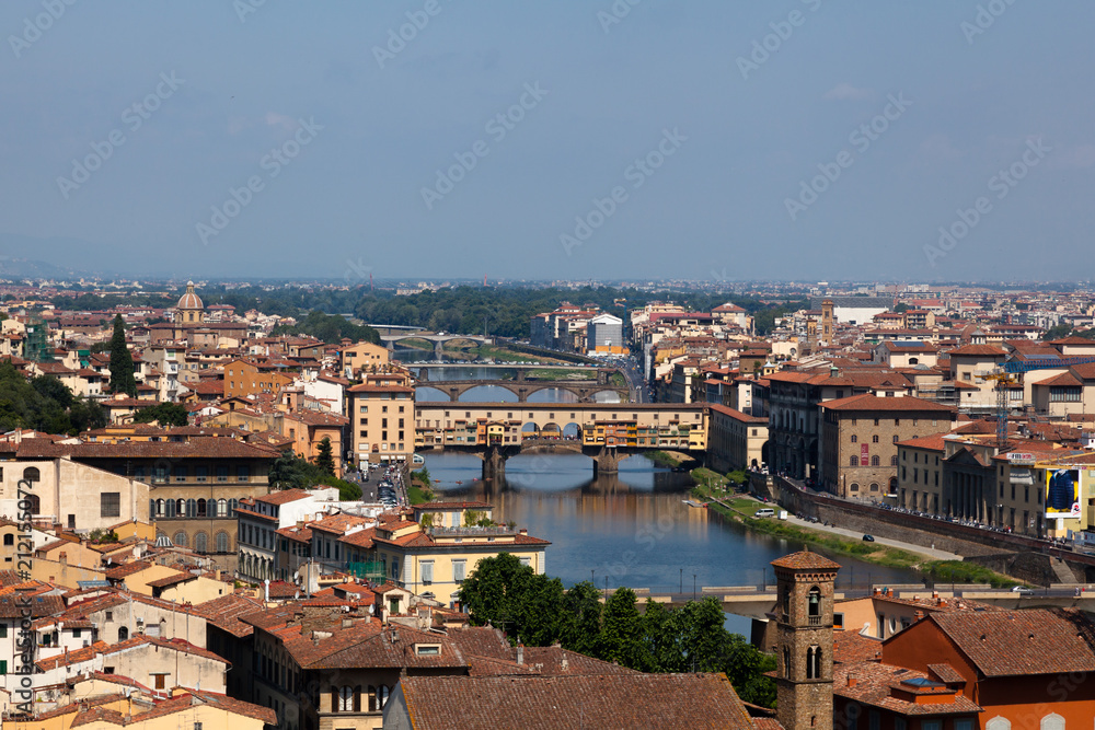 Florence city viewed from plaza de michelangelo to the river Arno, with Ponte Vecchio, Palazzo Vecchio and Cathedral of Santa Maria del Fiore (Duomo), Florence, Italyg