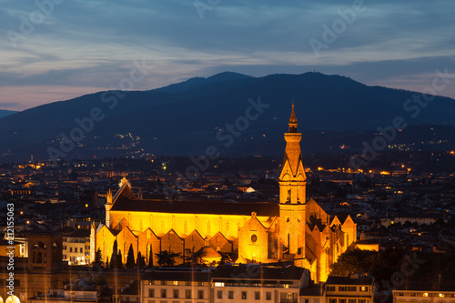 Florence city during sunset. Panoramic view to the river Arno, with Ponte Vecchio, Palazzo Vecchio and Cathedral of Santa Maria del Fiore (Duomo), Florence, Italy