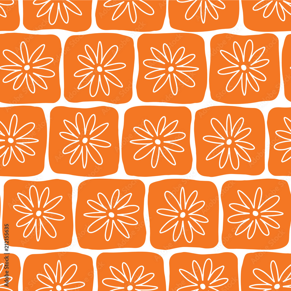 Irregular orange squares with white flowers on a white background. Seamless vector pattern. Perfect for backgrounds, fabric, packaging, and wallpaper projects. Irregular orange squares with white flowers on a white background. Seamless vector pattern. Perfect for backgrounds, fabric, packaging, and wallpaper projects.