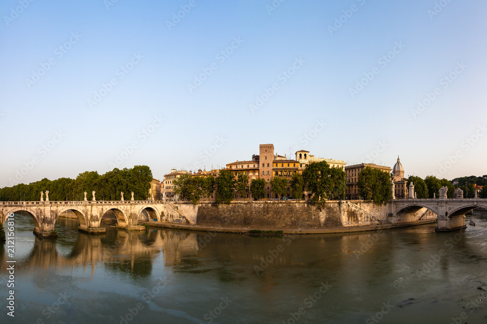 Castle of Holy Angel and Holy Angel Bridge over the Tiber River in Rome at Dawn, Italy