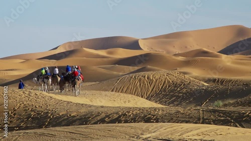 Camel caravan with tourist in the Sahara desert, Morocco. photo