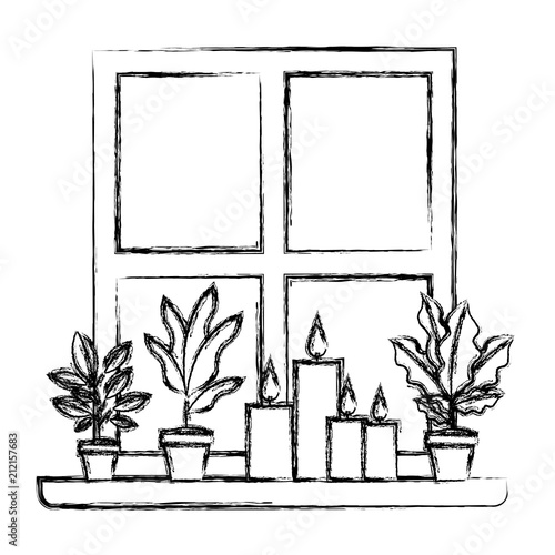 window house with houseplants scene vector illustration design