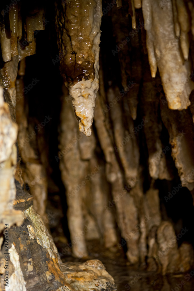 Stalactites inside Cave of the Mounds, a natural limestone cave located near Blue Mounds, Wisconsin, United States 