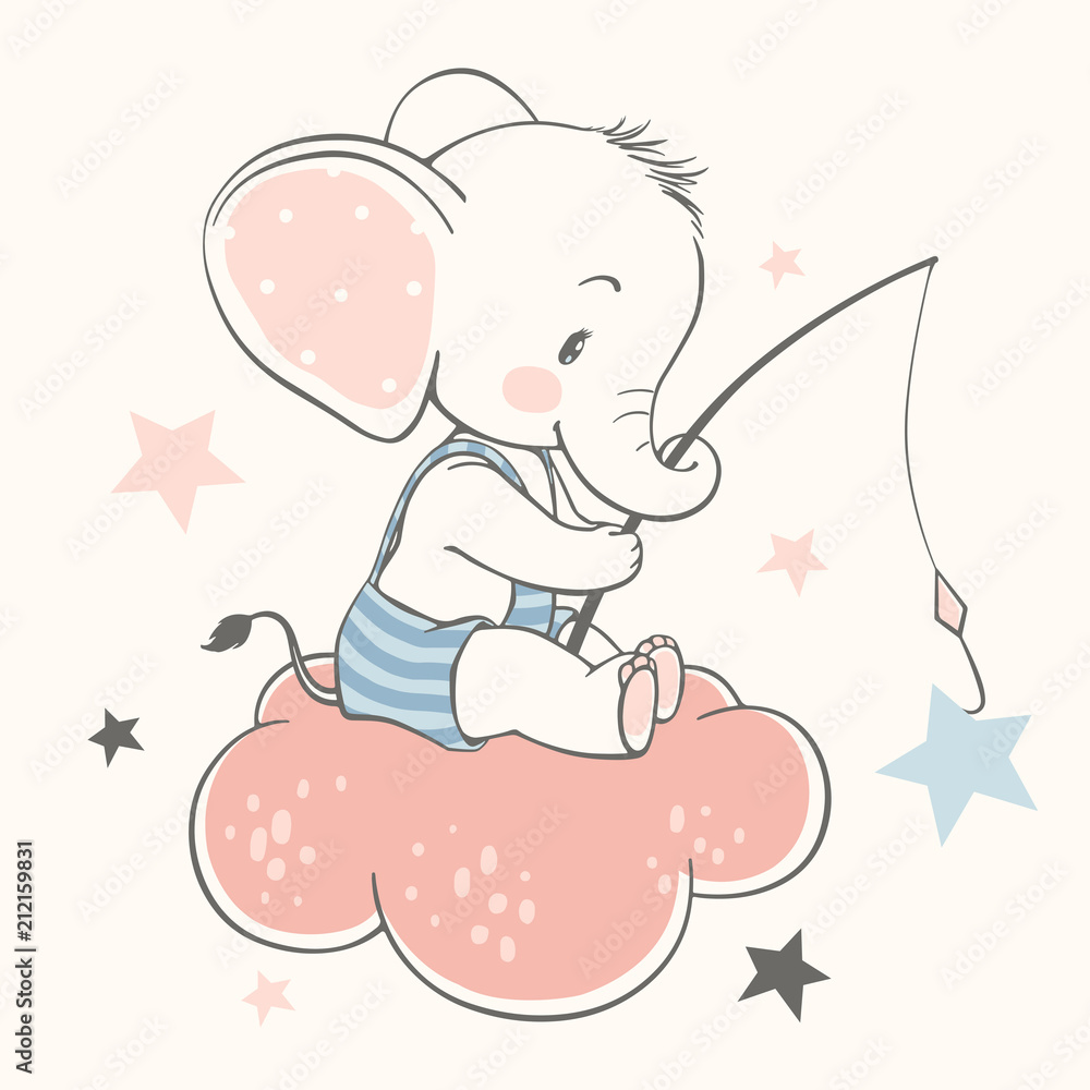 Fototapeta premium Ilustracja wektorowa cute słoniątka, siedząc na chmurze i łapiąc gwiazdy.