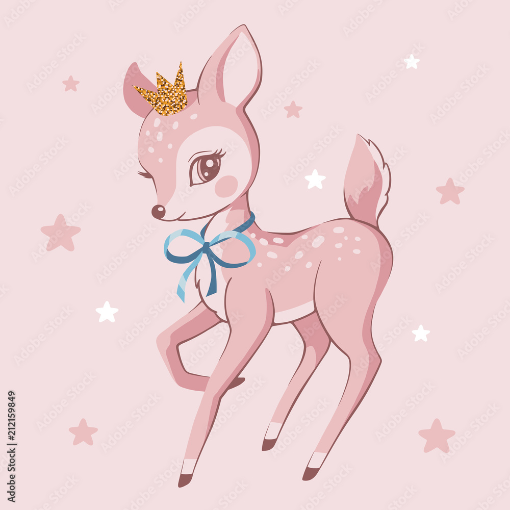 Obraz premium Ilustracja wektorowa ładny jelenia z koroną na głowie na różowym tle.
