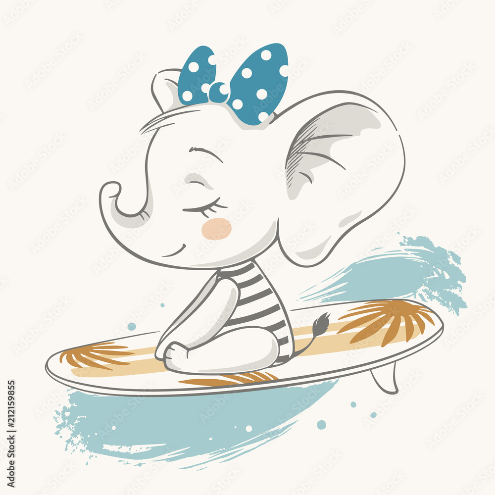 Naklejka premium Ilustracja wektorowa słoniątka cute surfing.
