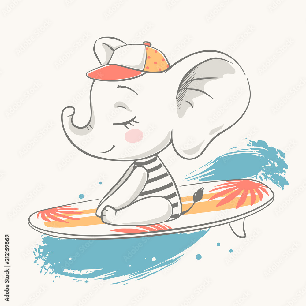 Obraz premium Vector illustration of a cute baby elephant floating on a surfboard.