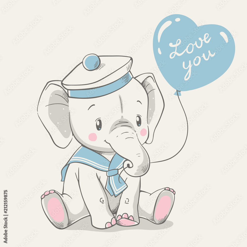 Fototapeta premium Ilustracja wektorowa słoniątka cute baby w stroju marynarza, siedząc i trzymając balon w bagażniku.