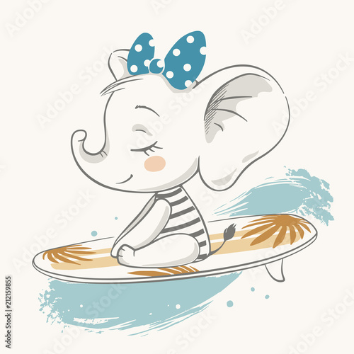 Vector illustration of a cute surfing baby elephant.