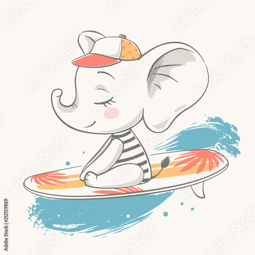 Vector illustration of a cute baby elephant floating on a surfboard.