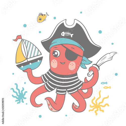 Vector illustration of a cute baby octopus in pirate costume playing with a toy ship.