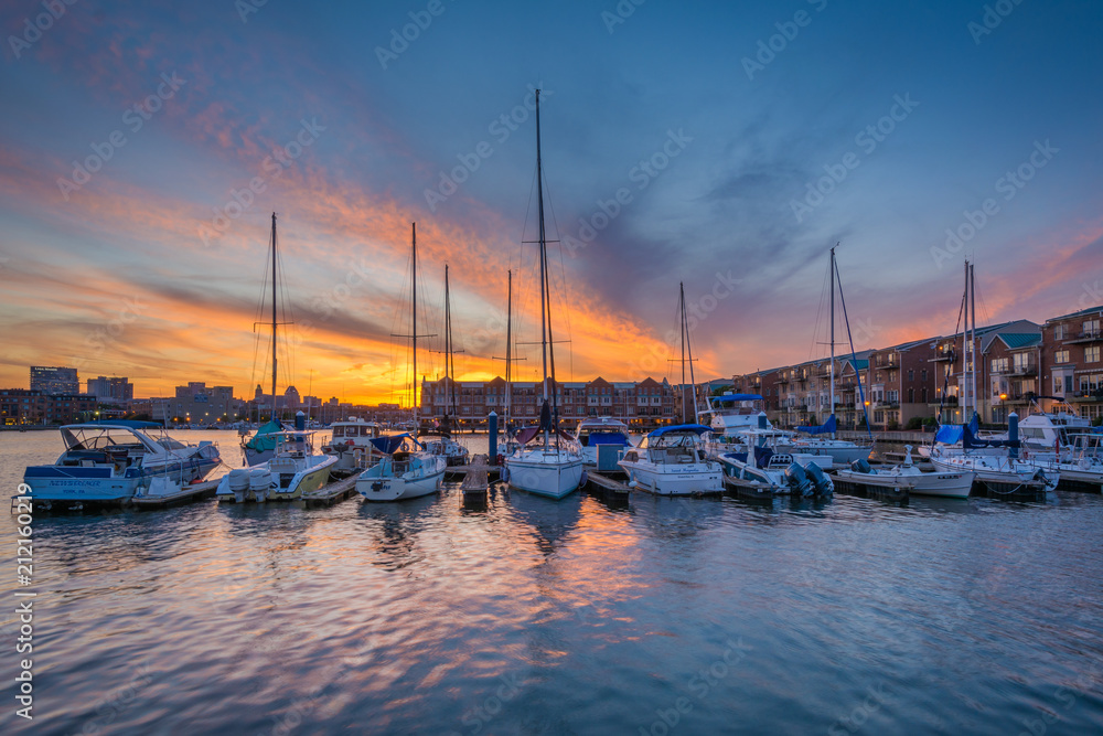 Sunset over a marina in Canton, Baltimore, Maryland