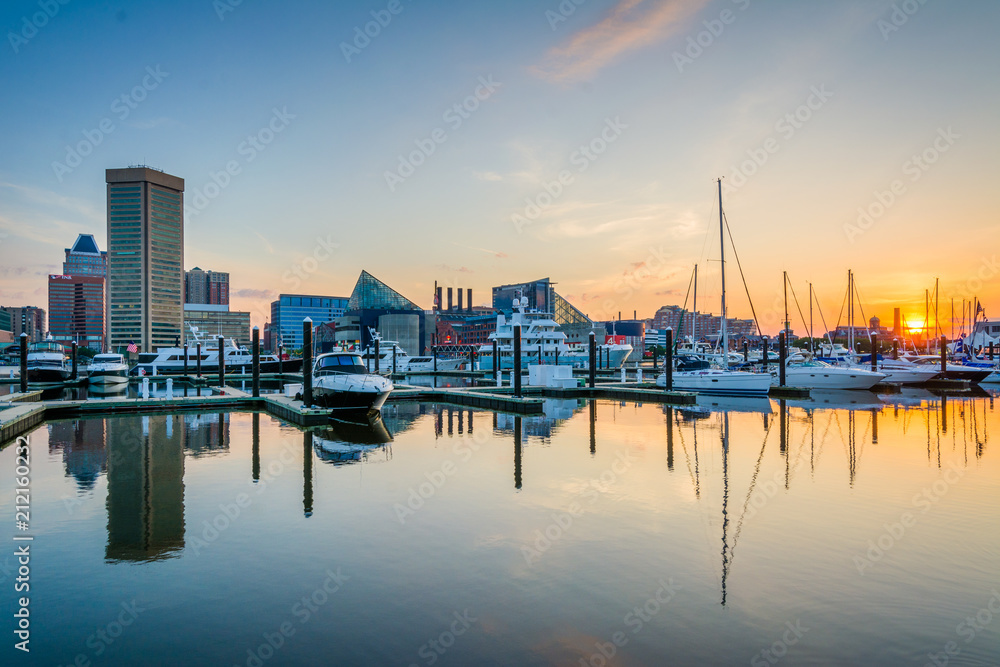 The Inner Harbor at sunrise, in Baltimore, Maryland