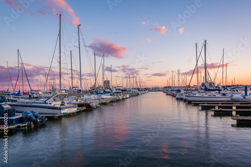 Sunset over a marina in Canton, Baltimore, Maryland