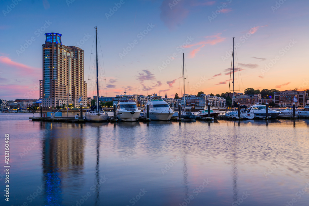 A marina at sunset, at the Inner Harbor in Baltimore, Maryland