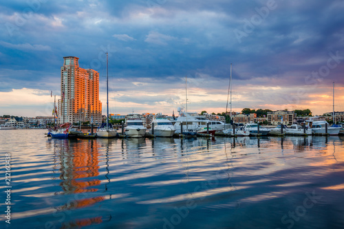 A marina at the Inner Harbor at sunset, in Baltimore, Maryland.