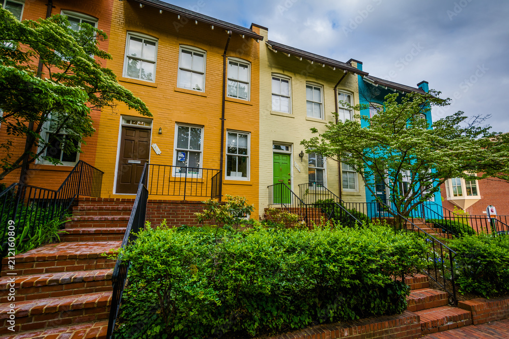 Colorful row houses in Georgetown, Washington, DC.
