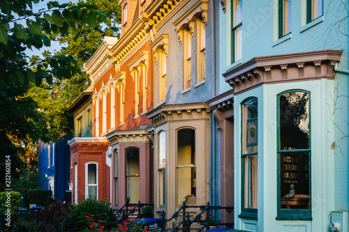 Colorful row houses on Independence Avenue in Capitol Hill, Washington, DC.