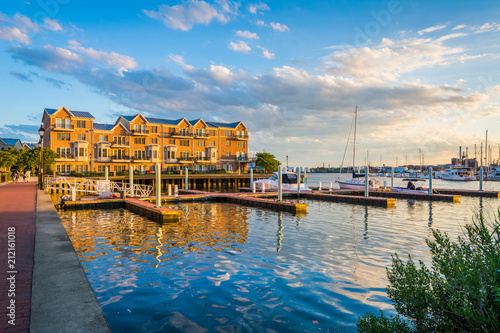 Docks and waterfront condominiums in Canton, Baltimore, Maryland