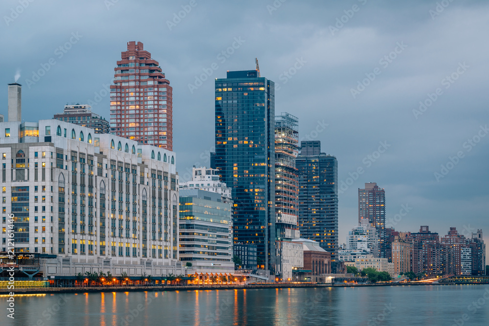 Naklejka premium Manhattan and the East River at night, seen from Roosevelt Island, in New York City.