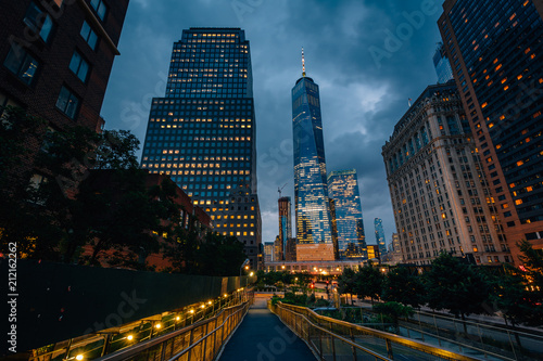 The World Trade Center and buildings along West Street at night, in Lower Manhattan, New York City © jonbilous