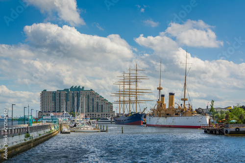 View of ships and buildings at Penns Landing, in Philadelphia, Pennsylvania.