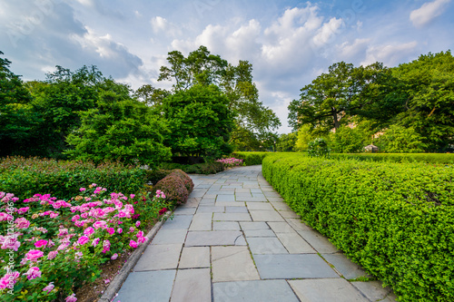 Walkway and flowers at the Conservatory Garden, in Central Park, Manhattan, New York City.