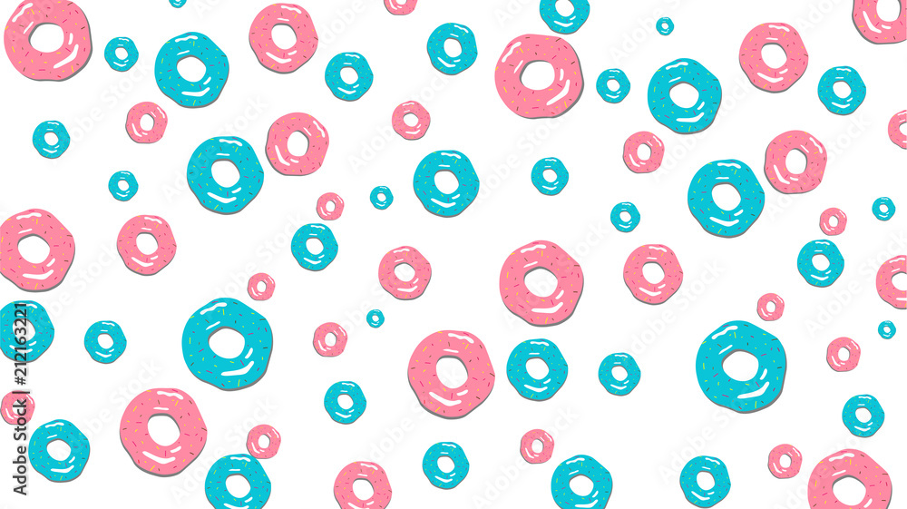 Donuts seamless pattern on light pink background. Cute sweet food cartoon background.