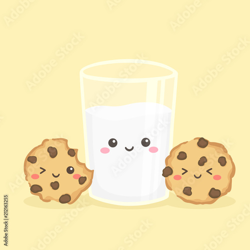 Cute Milk Glass and Cookies Choco Chips Vector Illustration Cartoon Smile