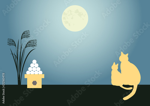 お月見をする子猫と親猫