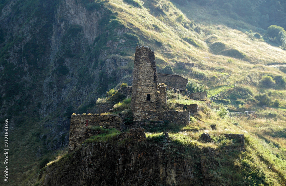 An Ossetian tower on a mountain peak in Zaramag region, North Ossetia-Alania, Russia An Ossetian tower on a mountain peak in Zaramag region, North Ossetia-Alania, Russia