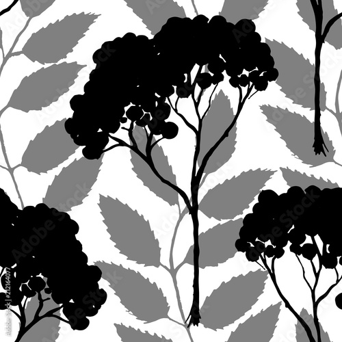 Monochrome black rowan rowanberry ashberry silhouette botanical illustration seamless pattern texture background vector
