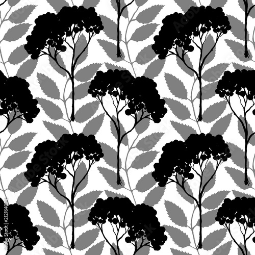 Monochrome black rowan rowanberry ashberry silhouette botanical illustration seamless pattern texture background vector