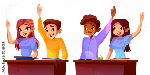 College or university students vector illustration of classmates of different nationalities raised hands for answer. Caucasian or Asian girl and black Afro American boy at school desk in classroom