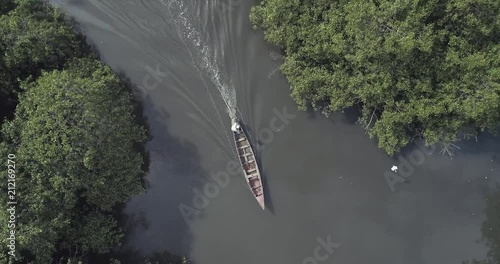 Aerial drone shot over a fisherman canoe. State of Pernambuco, Northeast Region of Brazil. Nature, mangrove, river, atlantic forest and egrets. photo