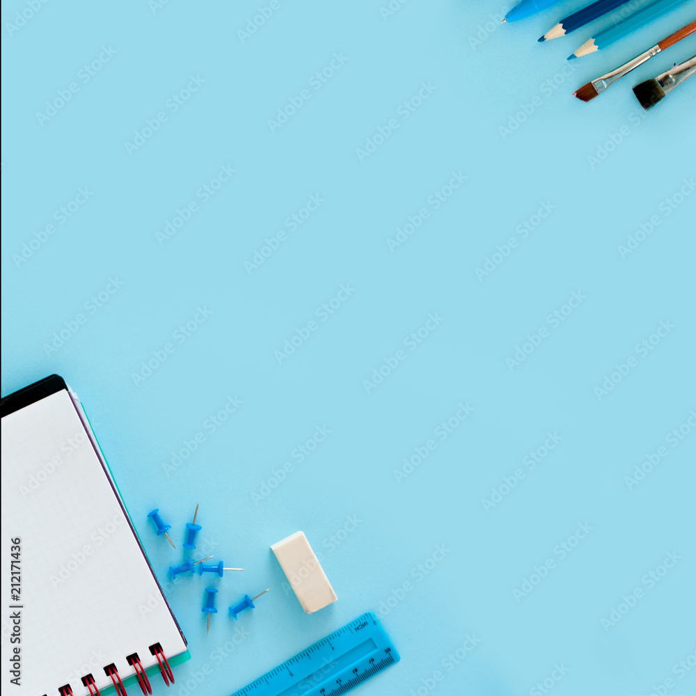 Blue background and blue school supplies. Back to school. Flat lay.  Creative Idea of education for banners. Sale posters. Blue background with  copy space. Stock Photo | Adobe Stock