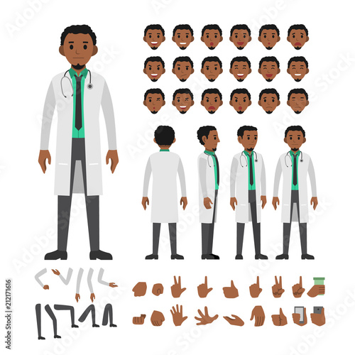 africa doctor man character set. Full length. Different view, emotion, gesture.

