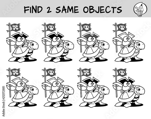 A turtle and a funny crab with a pirate flag. Find two the same pictures. Educational matching game for children. Black and white cartoon vector illustration