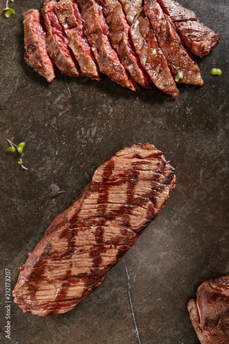 Thick Slices of Hot Grilled Whole Machete Steak or Skirt Steak and Denver Steak