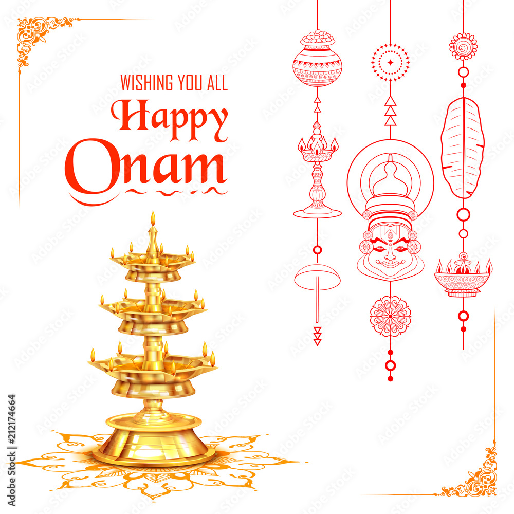 Happy Onam background with rangoli and lamp Stock Vector | Adobe Stock