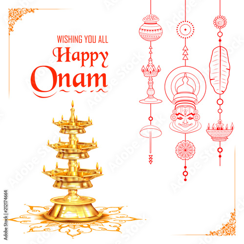 Happy Onam background with rangoli and lamp