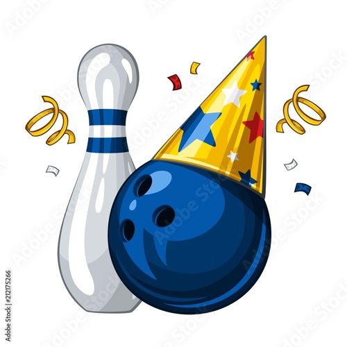 Vector illustration of bowling skittle and blue bowling ball in party hat, isolated on white background. Party shiny hat with colored stars. Happy birthday 1.1
