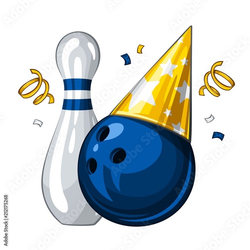 Vector illustration of bowling skittle and blue bowling ball in golden party hat, isolated on white background. Party shiny hat with stars. Happy birthday 1.1