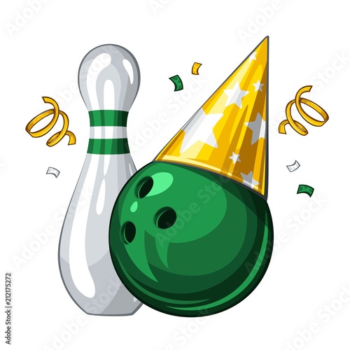 Vector illustration of bowling skittle and green bowling ball in golden party hat, isolated on white background. Party shiny hat with stars. Happy birthday 1.1